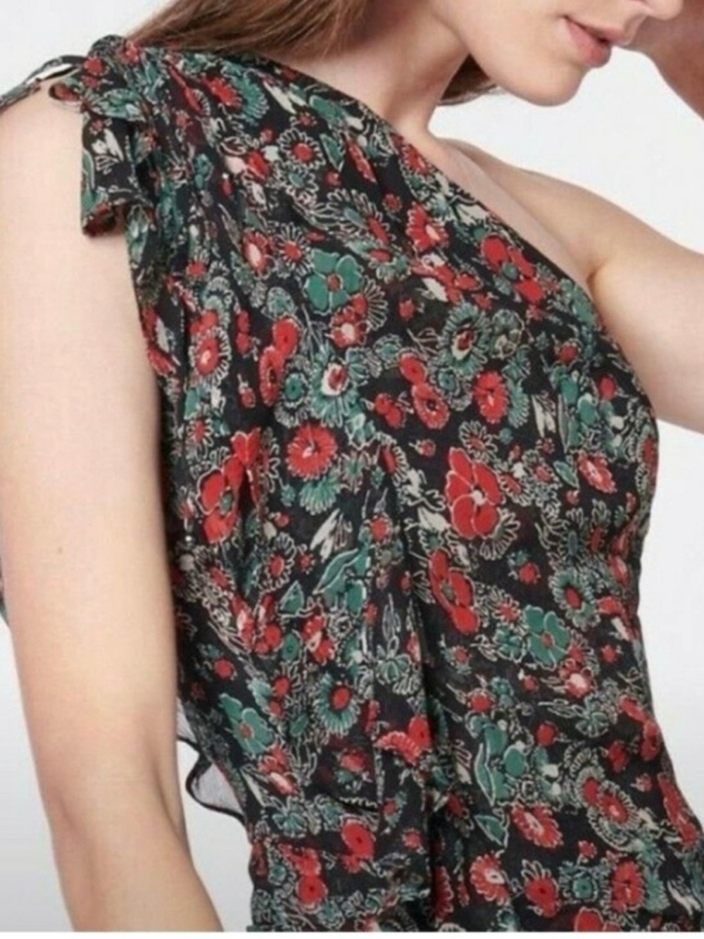 Veronica Beard Dress Mini Floral Silk Ruched One Shoulder Womens 12